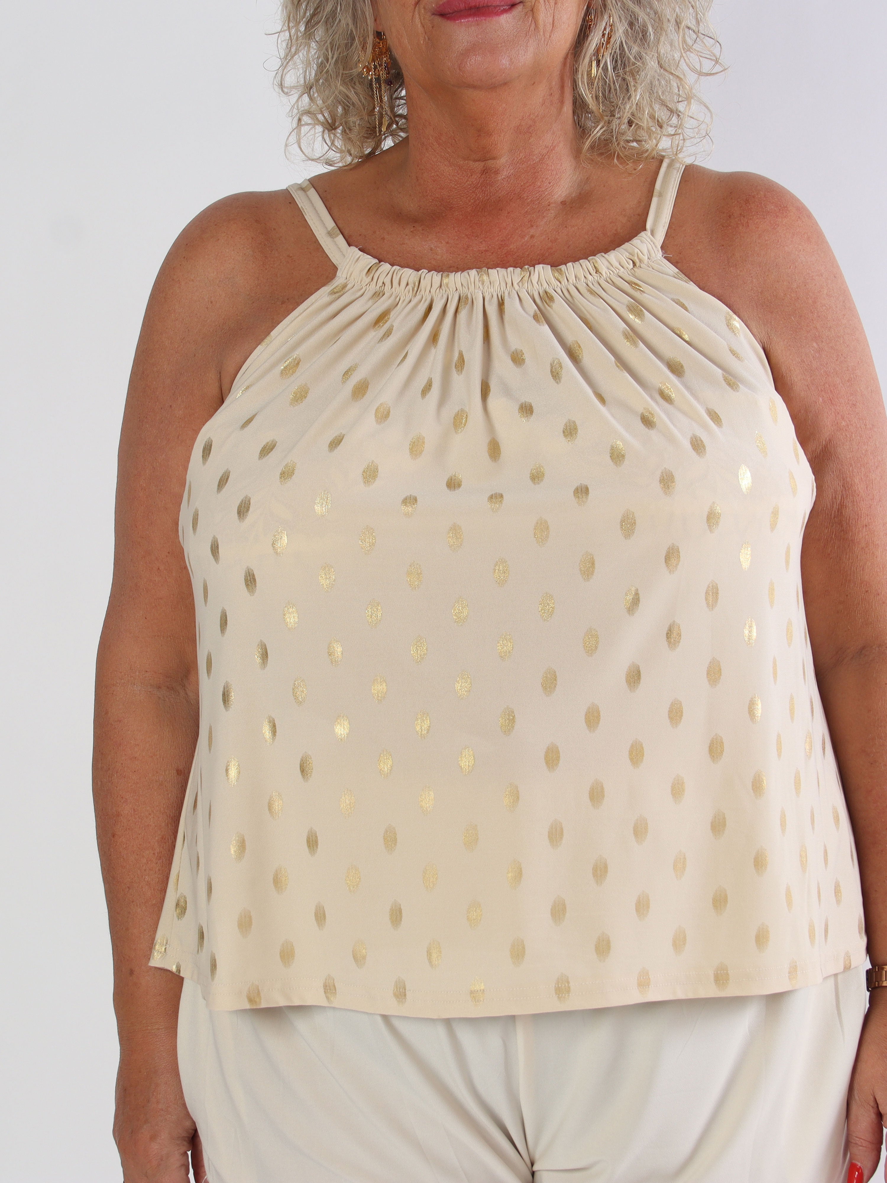 Sunlove Dot Top - Elastisk plus size-topp med band och guldprickar